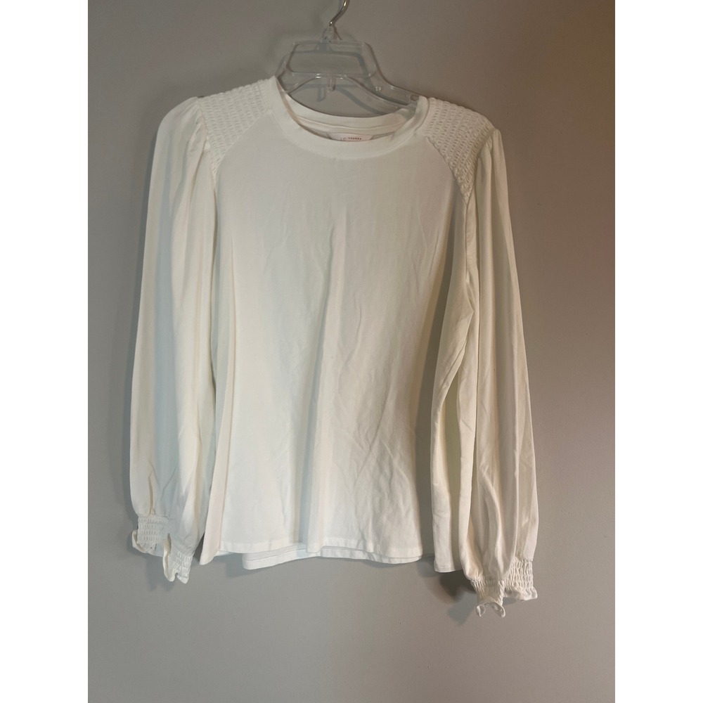 LC Lauren Conrad Womens White Smocked‎ Shoulder Puff Long Sleeve Top Blouse L